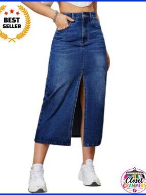 Women's Midi Jean Skirt Stretch Frayed Slit Denim Skirt